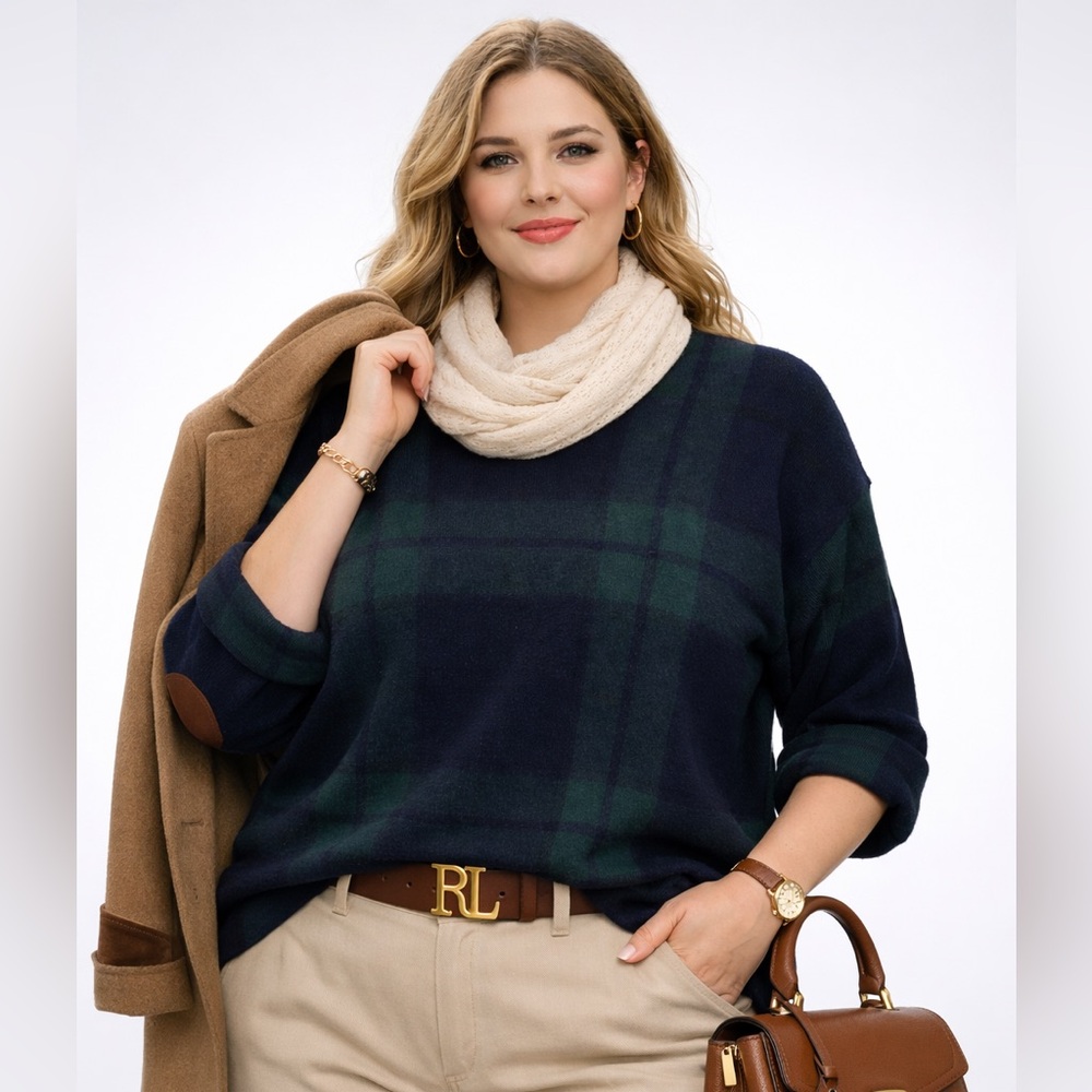 Tahari Green & Navy Plaid Knit Sweater Crewneck Size 2X